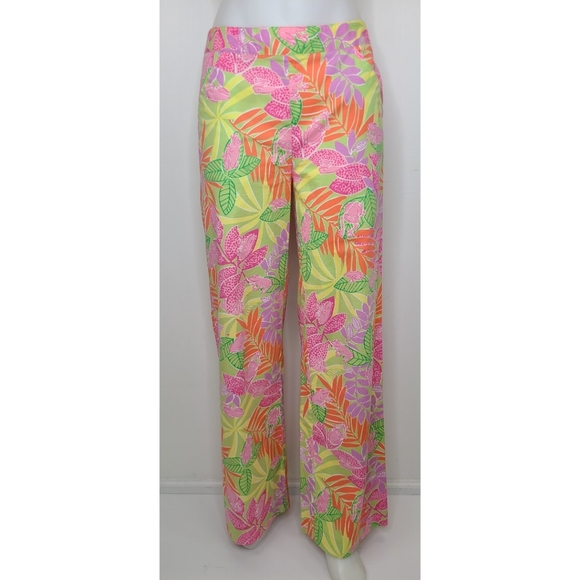 Lilly Pulitzer Pants - Lilly Pulitzer Vintage Pink Orange Green Tropical Frog Print Wide Leg Pants 4
